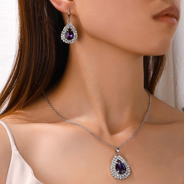 enjoywould 1 Set Hoop Earrings Exquisite Workmanship Inlaid Imitation Diamond Faux Purple Crystal Electroplating Geometric Decoration Gorgeous Wedding Sparkling Cubic Necklace Set Costume Accessory