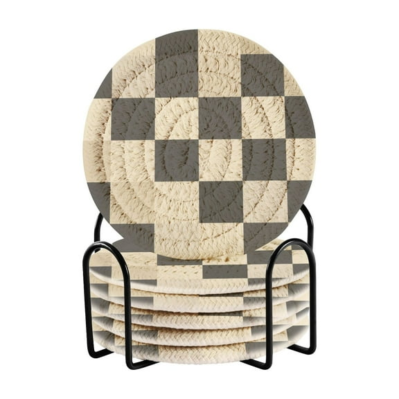 Checkerboard Pattern 6 Pcs Drink Coasters with Holder Absorbent Coasters Woven Coasters for Drinks Table Desk Protection Home Decor