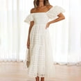 thumbnail image 2 of Vestido corto de mujer con hombros descubiertos y mangas abullonadas, corte A, bajo con volantes, tejido de poliéster, tallas S-XXL, perfecto para fiestas de verano y vacaciones., 2 of 5