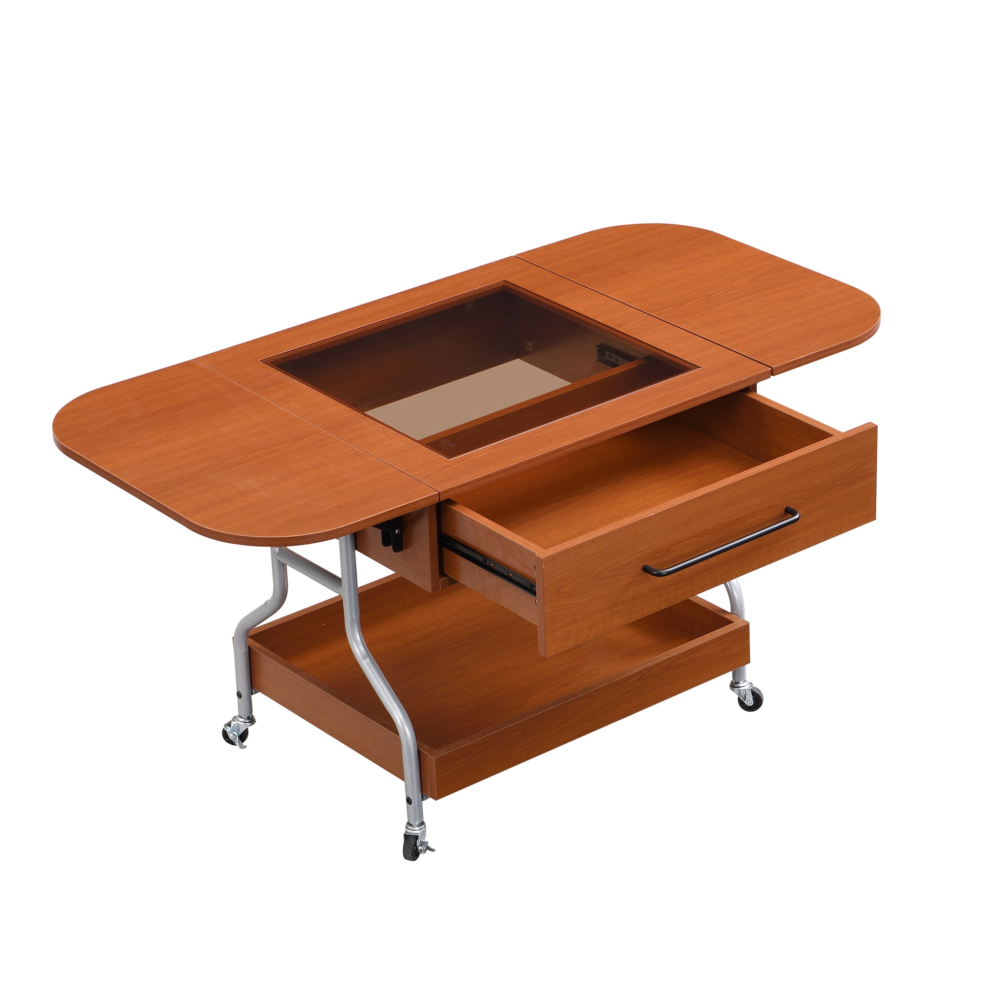 Aukfa Extended Coffee Table with Drawer and Wheels, 2-Tier Central Table Converts to Dining Table for Living Room