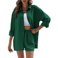 thumbnail image 6 of Michellecmm Women 2 Piece Outfits Solid Color Loose Long Sleeve Button Shirt and Casual Elastic Shorts Club Streetwear, 6 of 6