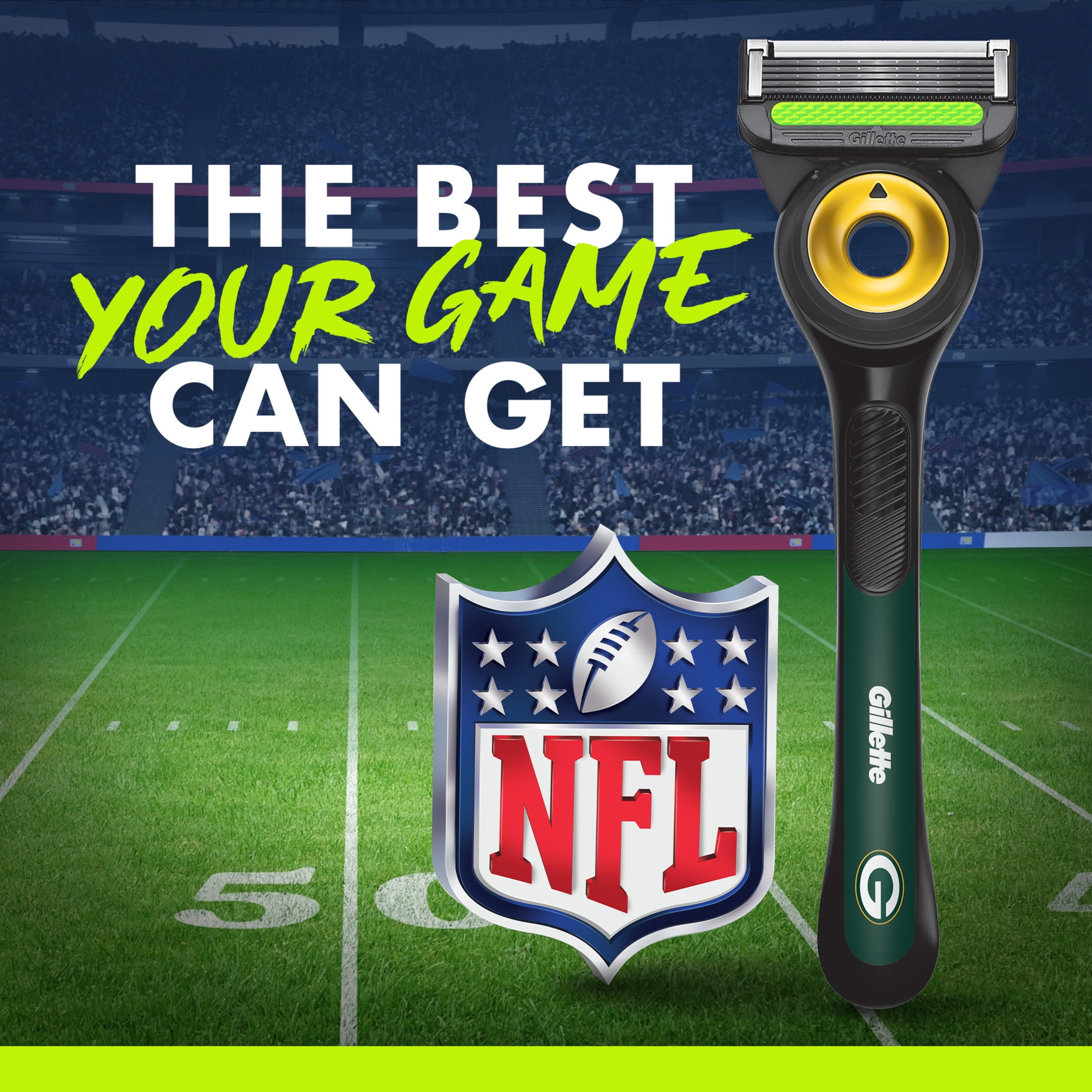 Gillette Labs Official Packers Licensed Razor for Men, Perfect for Game Day Grooming, Gillette Labs with Exfoliating Bar, 1 Handle, 4 Blade Refills, with Magnetic Stand
