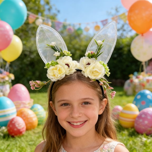 Lace Floral Bunny Ear Headband, Decorative Hair Accessory for Easter Party, Wedding, and Photo Shoots