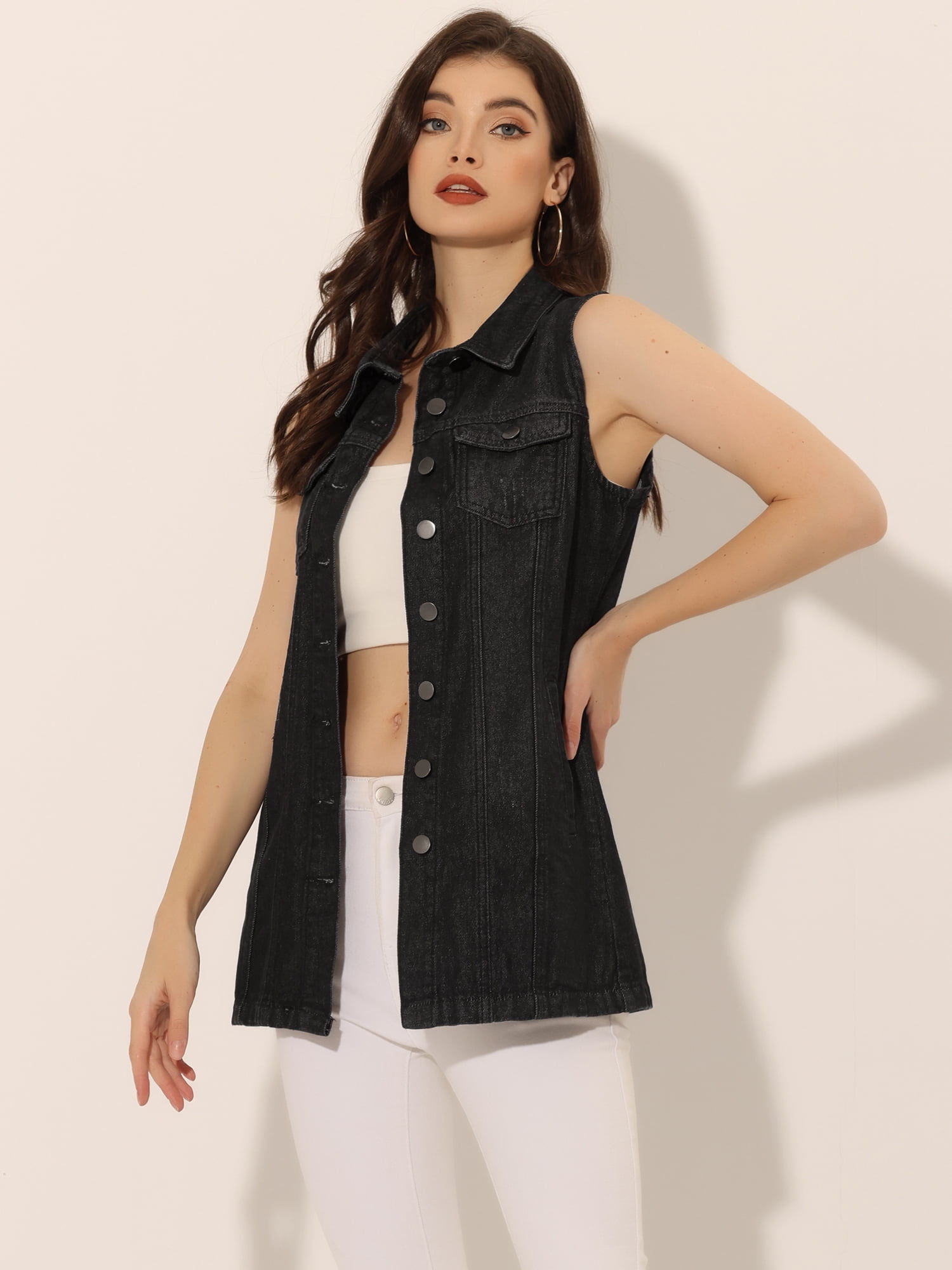 DARING DIVA Women's Button Down Sleeveless Pockets Mid-Long Denim Vest XL Black