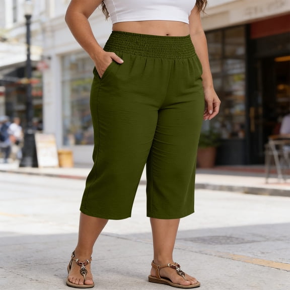 Plus Size Capris for Women Fashion Solid Color Elastic Waist with Pockets Cropped Pants Designed for Curvy Figures with A Comfortable Everyday Fit Womens Capris