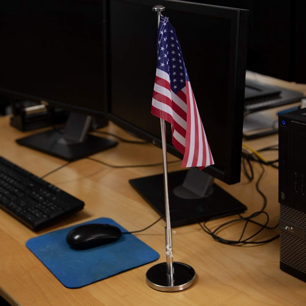 Miniature Desk Flag Stand – Height Adjustable 12.6in – 19.7in Telescopic Flagpole with Weighted Base