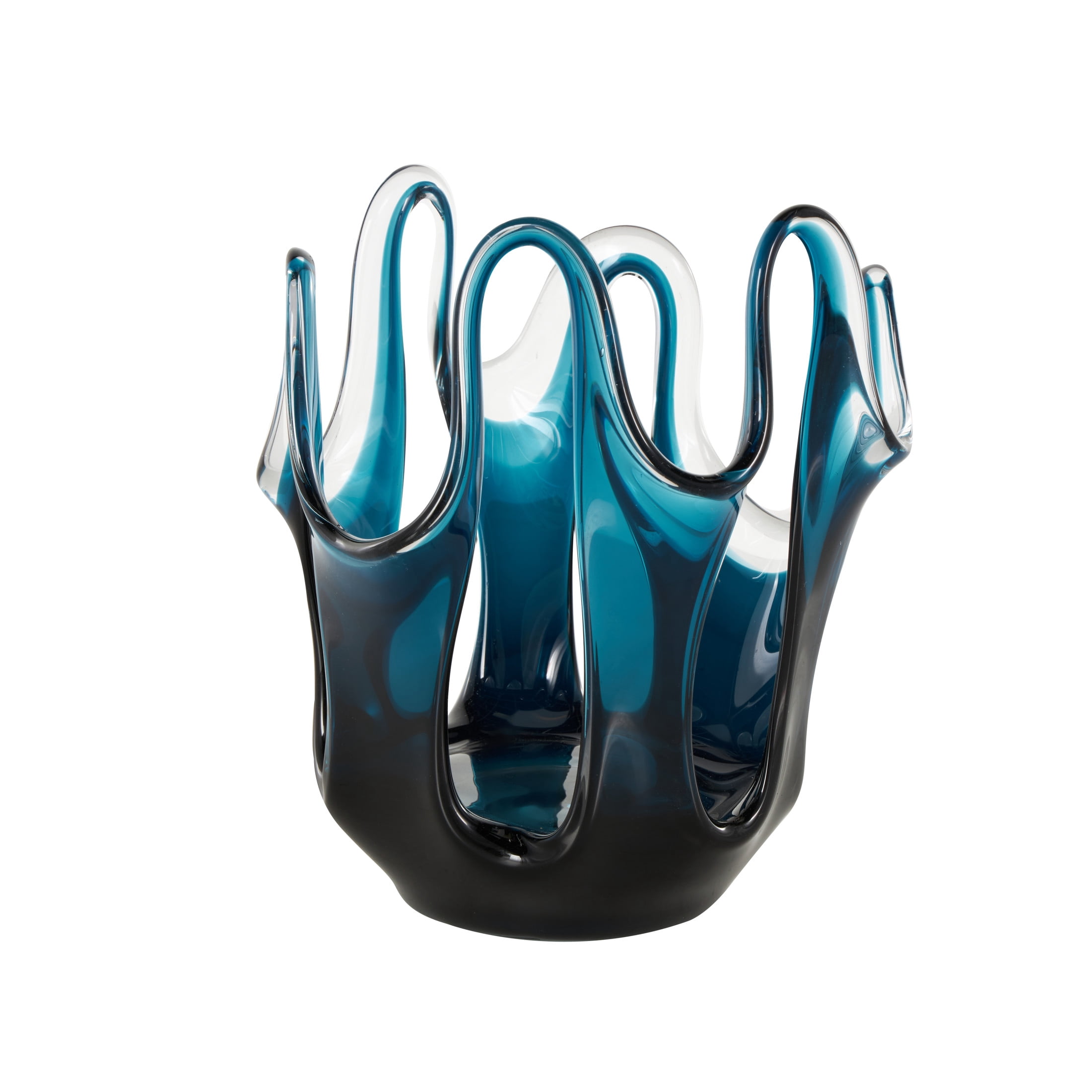 DecMode 10" Abstract Ombre Blue Glass Vase with Wavy Oval Cutouts
