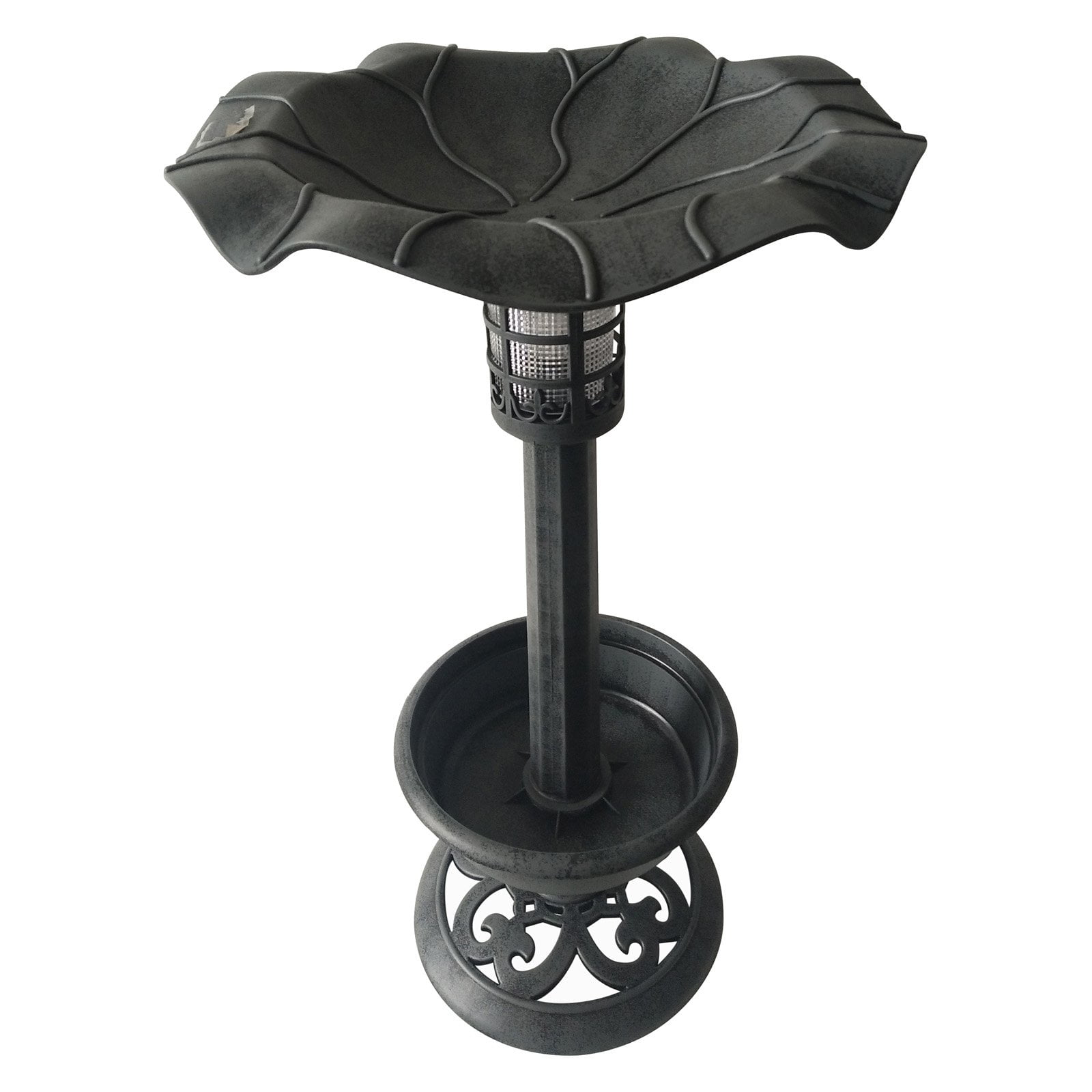 Plastic Bird Bath with Solar Light Pewter