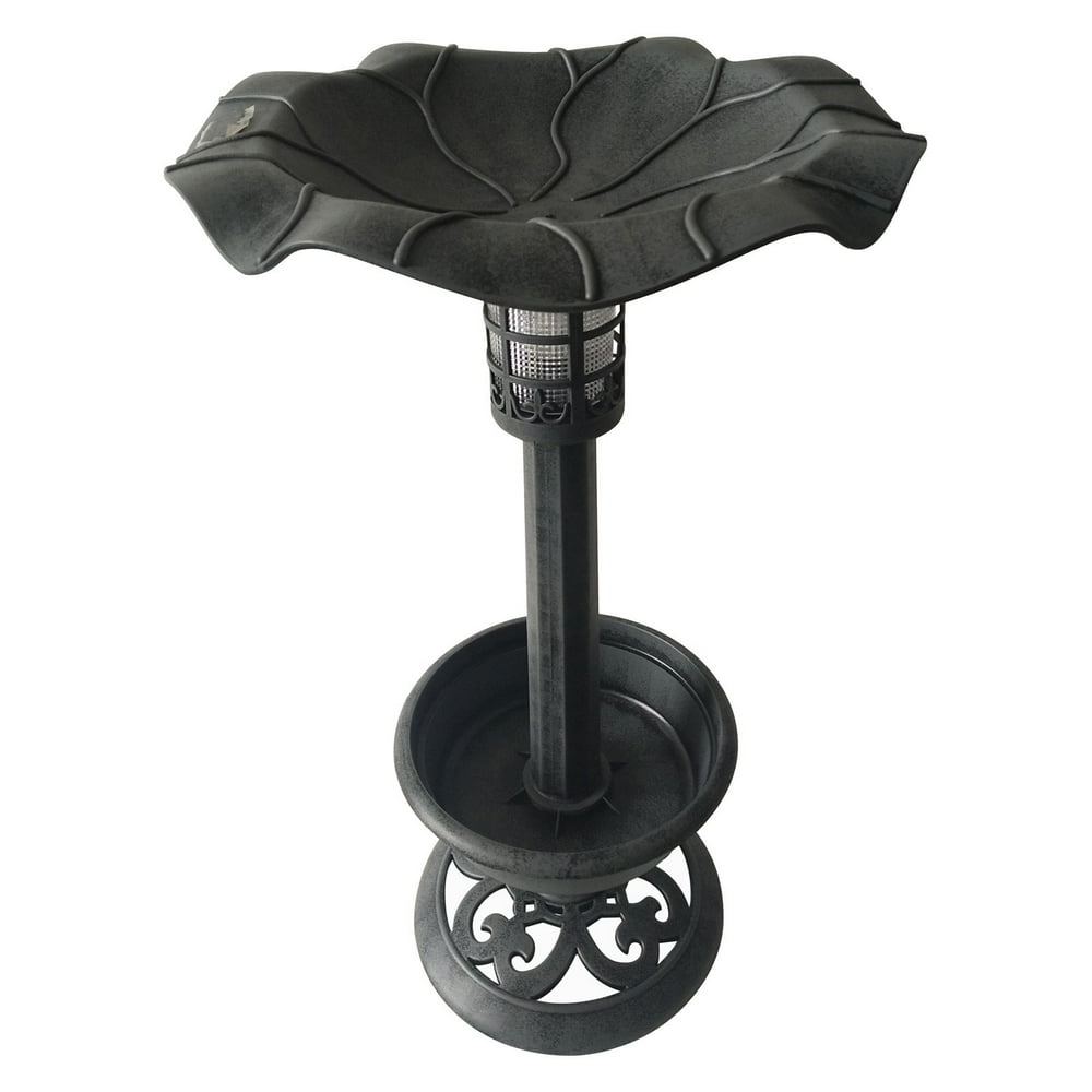 Plastic Bird Bath with Solar Light Pewter