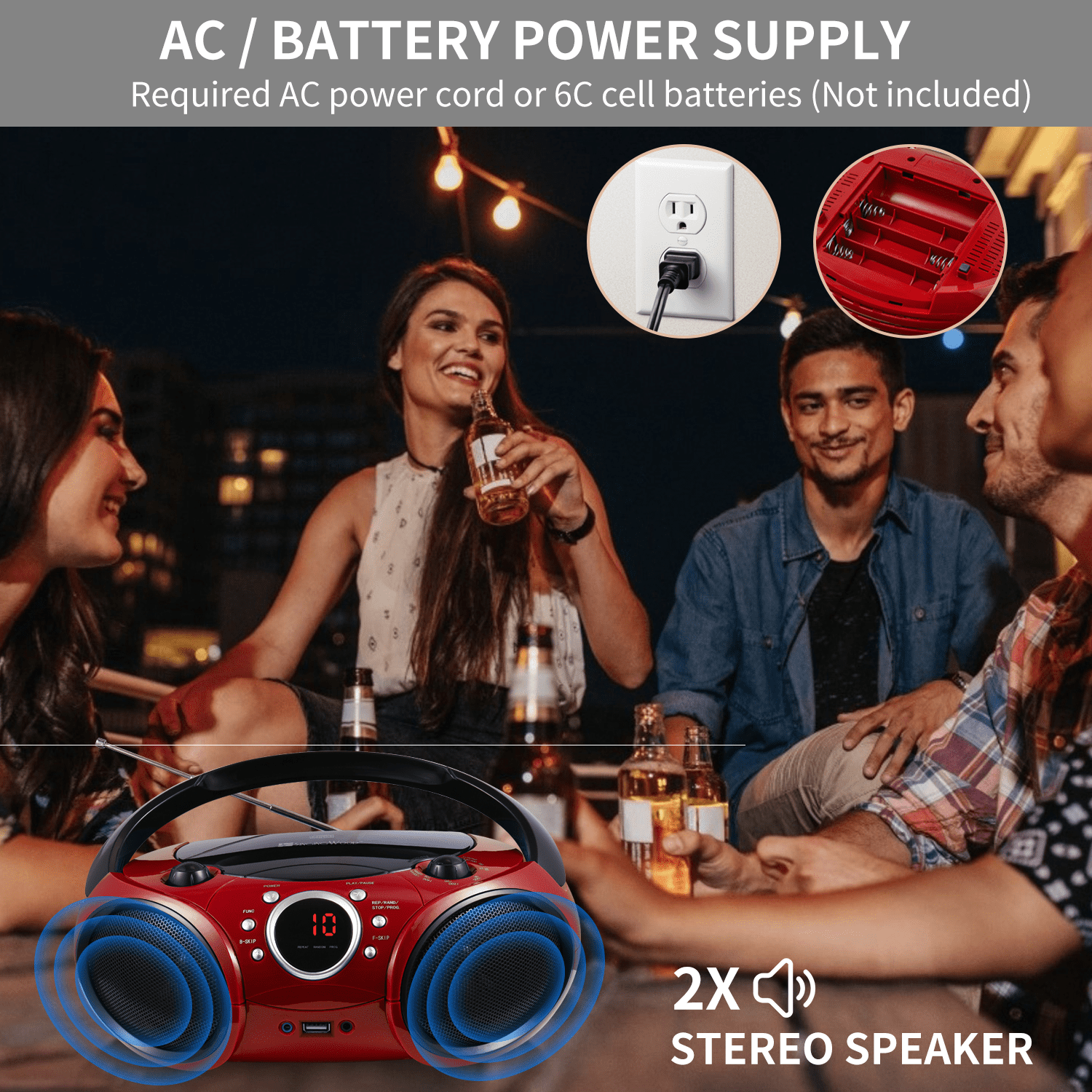 singing wood Portable CD, MP3-CD, USB, Bluetooth AM/FM Stereo Boombox, Firemist Red