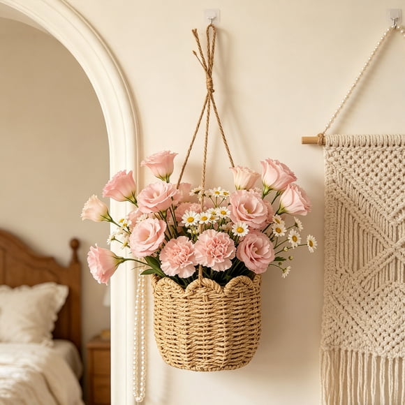 EGNMCR Home Decor, Room Decor, Wall Decor Wicker Picnic Basket Wall Mounted Storage Basket Woven Basket Hanging Decorative Ornament Pot Woods Flowers Basket