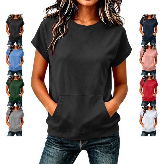 TGSLY Short Sleeve Sweatshirt for Women Lightweight Soft Crew Neck Shirts Relaxed Casual Dressy Solid Color Work Tops with Pocket L