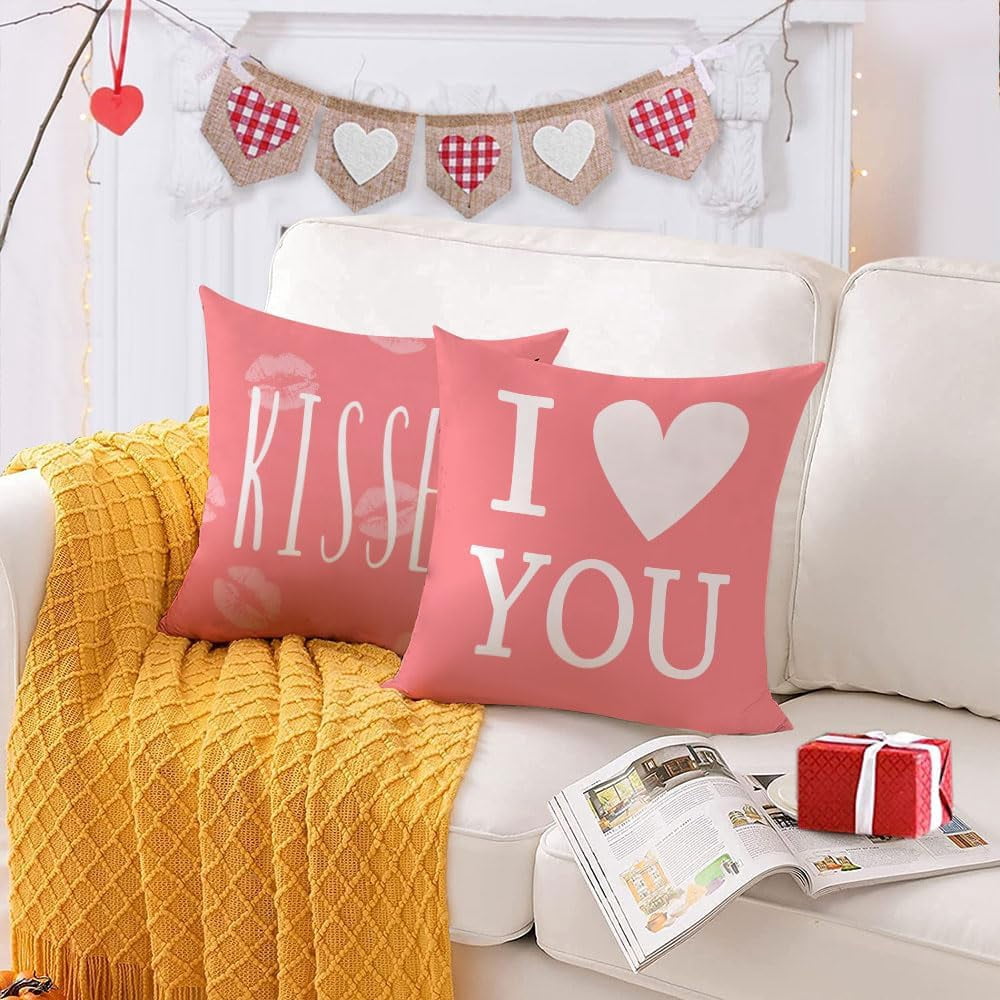 Happy Valentines Day Pillow Covers 22x22 Set of 4 Pink Love You Heart Velvet Throw Pillow Covers Wedding Anniversary Be Mine Pillow Cases Cushion Covers for Outdoor Couch Sofa Decoration(22 Inch)