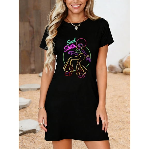 Artsy Womens Funk 70s Costume Afro Soul Music Comfort Colors Adult Heavyweight T-Shirt Dress Casual Summer Dress Everyday Outfit