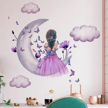 Butterfly Girl Wall Stickers Moon Clouds Flower Fairy DIY Removable Vinyl Wall Decal