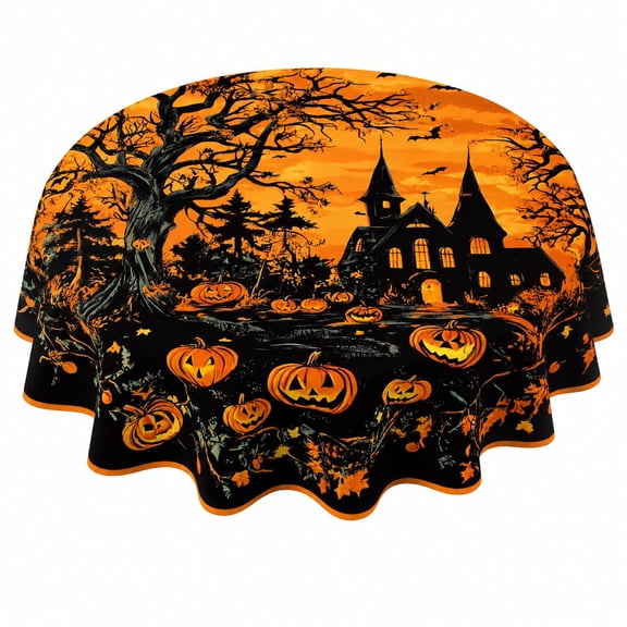 Funny Halloween Pumpkin Round Tablecloth 60In,Water Resistant Spill Proof Large Table Cover for Indoor & Outdoor Family Gathering Dinner, BBQ Halloween, C