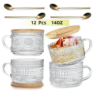 4PCS Vintage Glass Coffee Mugs with Bamboo Lids and Spoons,14oz Overnight Oats Containers Coffee Cups ,Double Glass Cups,Iced Coffee Glasses，Coffee Bar Accessories,Clear
