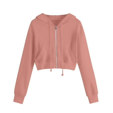 hotojiny Crop Tops for Women Lightweight Drawstring Long Sleeve Hoodie Casual Zip up Cardigan Jacket with Pockets Spring Fall Clothes