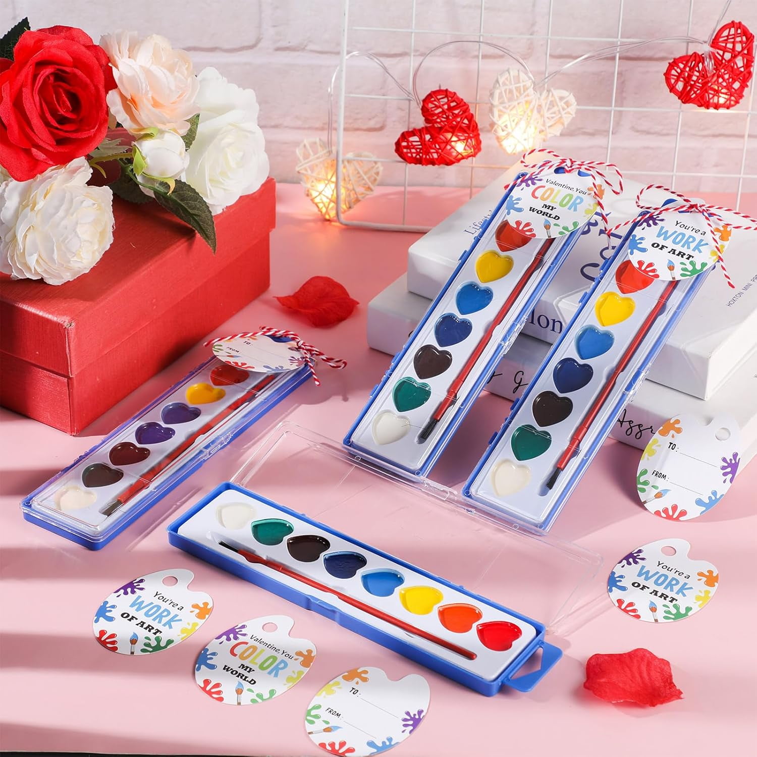 18 Pack Heart Watercolor Paint Set,8 Colors Washable Valentines Water Color Paint Set for Kids with Paintbrush,Watercolor Paint for Prizes Exchange Gifts,Valentine's Day Gifts,Party Favor,Classroom
