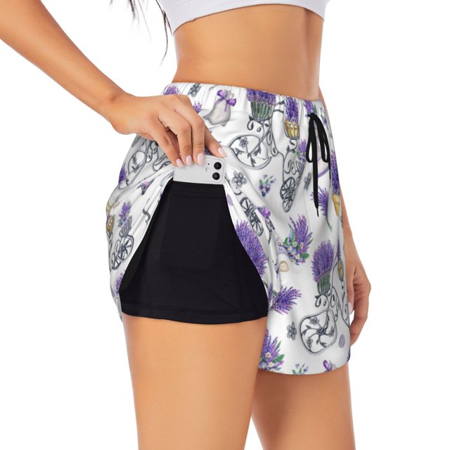 Balery Lavender Bicycle Pantalones cortos deportivos para mujer con forro y dos bolsillos, elásticos, para entrenamiento, gimnasio, yoga-Medium