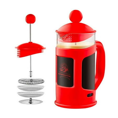 OVENTE French Press Coffee, Tea and Espresso Maker, Heat Resistant Borosilicate Glass with 4 Filter Stainless-Steel System, BPA-Free Portable Pitcher Perfect for Hot & Cold Brew 12oz, Red FPT12R