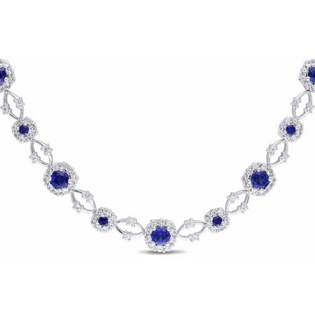 10-3/5 Carat T.G.W. Created Blue and White Sapphire Sterling Silver Fashion Necklace, 16