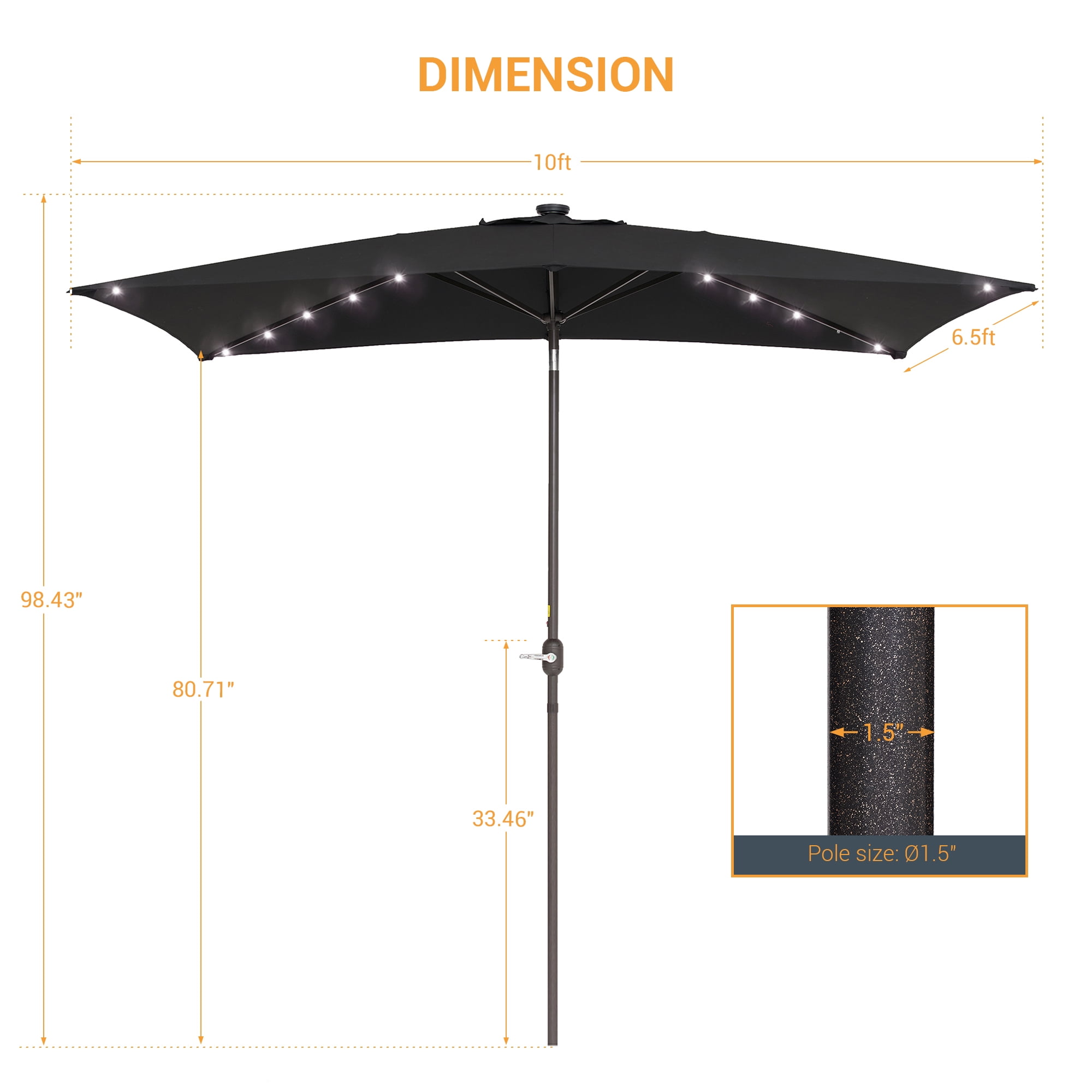 ACEGOSES 10x 6.5ft LED Solar Outdoor Patio Rectangle Table Umbrellas with Non-Fading Canopy for Garden and Yard,Black