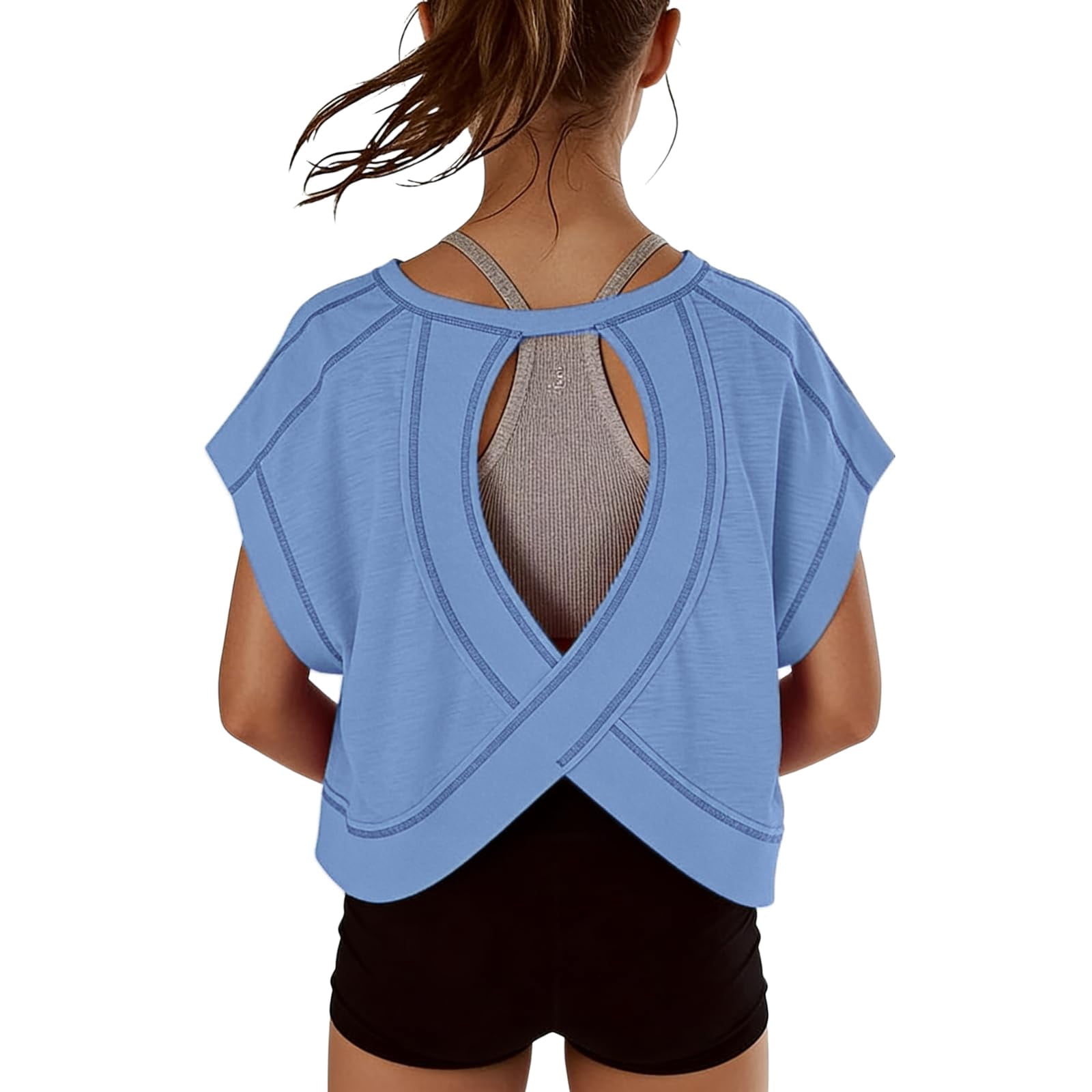 Faraee Teen Girls Open Back Shirts Backless Yoga Workout Summer Cute Tee Tops Short Sleeve Crop Oversized T Shirts Clothes 4t 5t 6t 7t 4-14 Years Blue