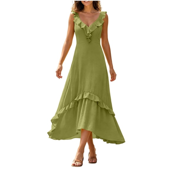 Iyufng Ruffled Midi Dresses for Women Deep V-Neck Sleeveless Fitted Solid Color Dress