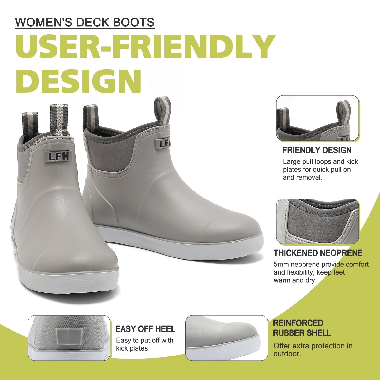 Lcamaw Women's Deck Boots, Waterproof Ankle Rain Boots with Anti-Slip Traction, Rubber Garden & Fishing Boots for Boating, Camping, Farming & Outdoor Work