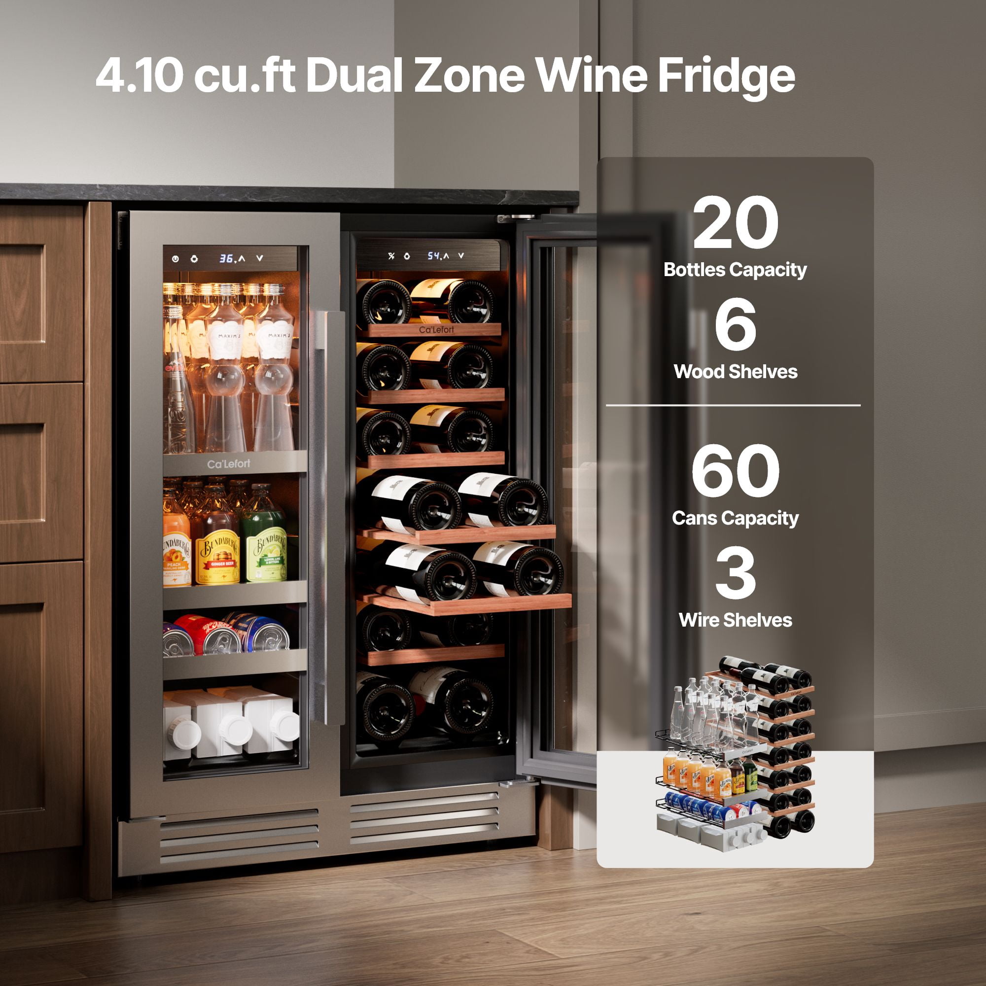 Ca'Lefort 24 inch Wine and Beverage Refrigerator, Hold 60 Cans and 21 Bottles Dual Zone Wine Fridge with Glass French Door, Built-in or Freestanding