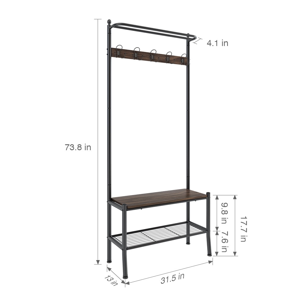 LANGRIA Entryway Metal Storage Shoe Bench with Coat Rack, 3 Tiers and 5 Free Hooks Black Finish