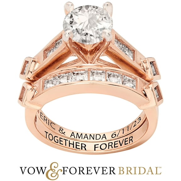 Vow & Forever Personalized Planet Bridal 14K Rose Gold over Sterling Silver Brilliant White Topaz 2 Piece Engraved Wedding Set ,Women's