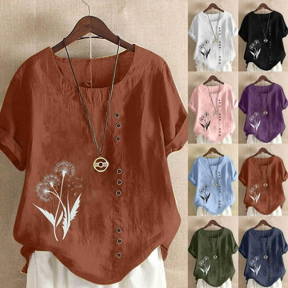 DDAPJ pyju Women's Short Sleeve Cotton Linen Top Summer Floral Print Crew Neck T-Shirt Plus Size Casual Loose Blouse Limited Time Sales Army Green XXXXXL