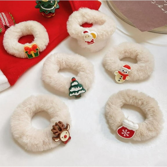 6PCS Christmas fluffy hair band,Christmas tree Santa Claus Elk Elastic Hair Bands,Cute Elastic Scrunchies with Ponytail Holders for Girls and Women