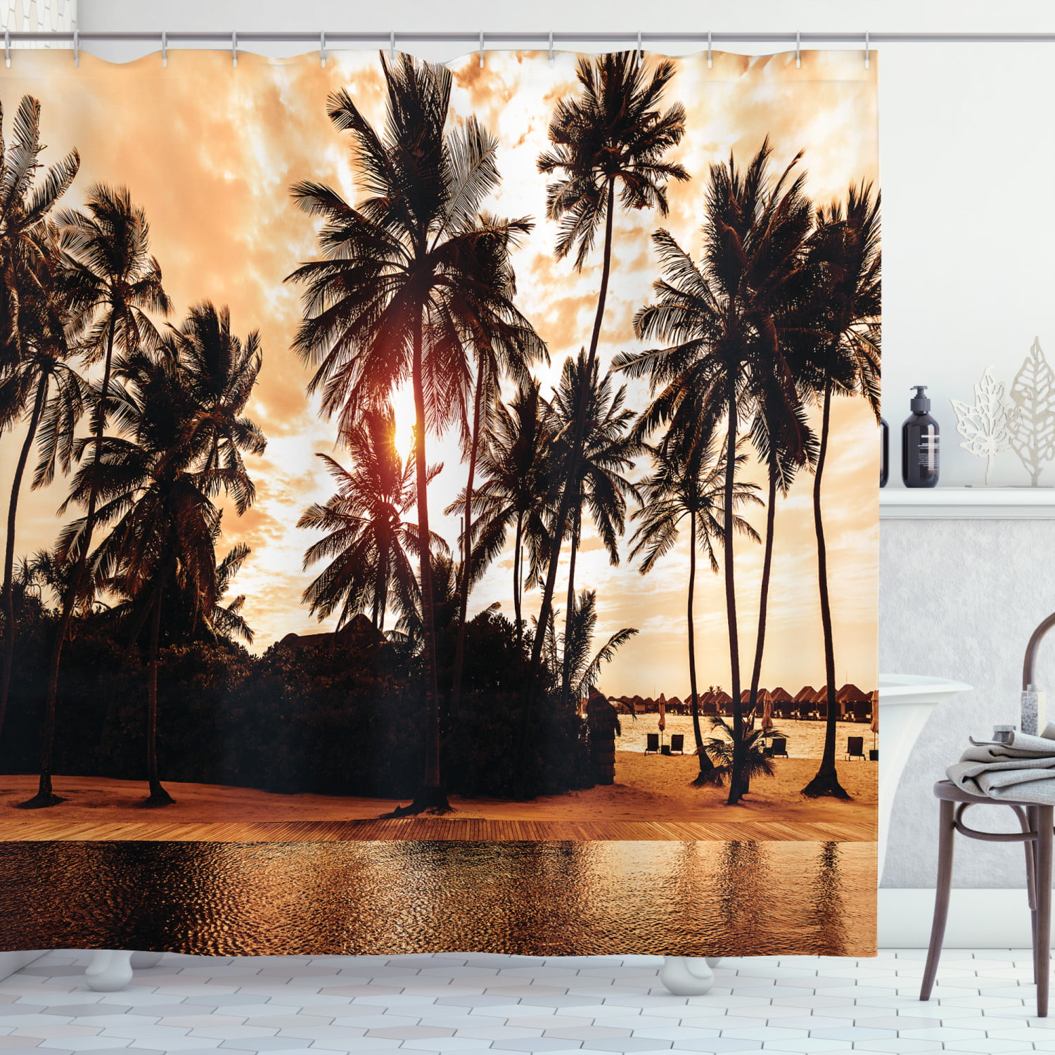 Details about   Sunset Ocean Beach Seaside Palm Trees Shower Curtain Bathroom Waterproof Fabric 