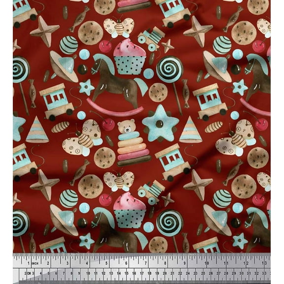 Soimoi Red Cotton Duck Fabric Party Theme Kids Printed Craft Fabric by the Yard 42 Inch Wide