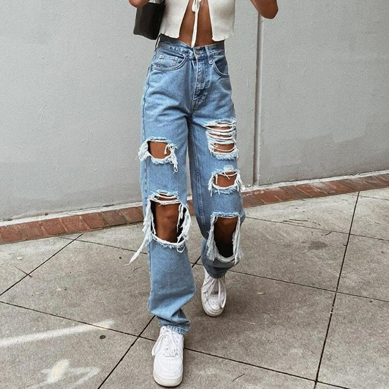 Ripped Distressed High * Jeans, Loose Fit Street Style Straight Denim  Pants, Women's Denim Jeans & Clothing