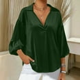 thumbnail image 2 of Hurxie Womens 3/4 Sleeve Tops Button Down Shirts V Neck Pleated Casual Loose Blouses Roll Up Sleeve Shirt Green L, 2 of 5