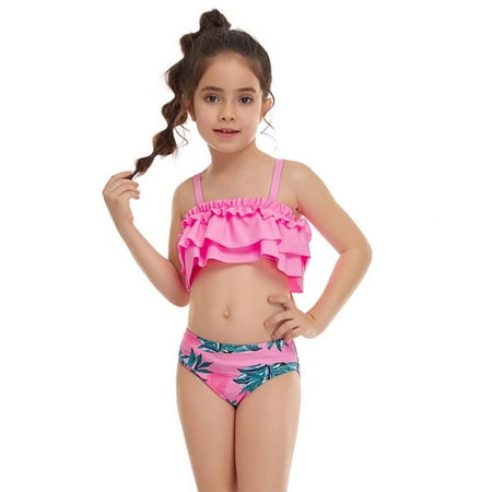 

Girls Ruffled Swimsuits Two-PiecesCami Crop Top And Floral Bikini Bottoms Quick Dry Swimwear Kids Sunsuit Tankini Suit 2-12T