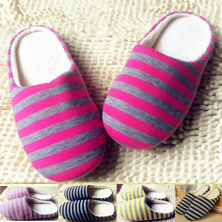 

Women Men Striped Warm Cotton Indoor Slippers Winter House Floor Non-Slip Shoes