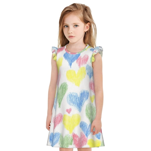 Balery Hand Drawn Colored Hearts Camisón de princesa para niñas, pijama de algodón con mangas abullonadas, suave y bonito.-Medium
