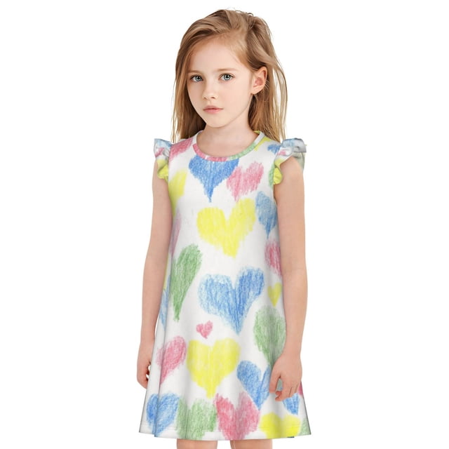 Balery Hand Drawn Colored Hearts Camisón de princesa para niñas, pijama de algodón con mangas abullonadas, suave y bonito.-Small