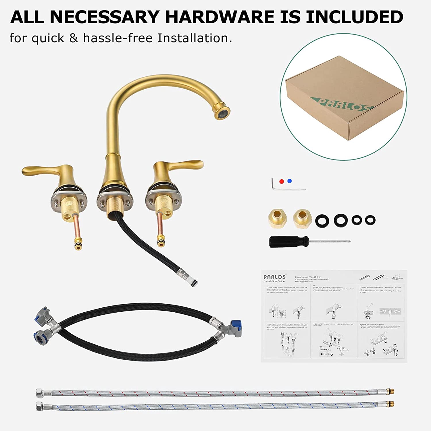 PARLOS High Arc 2-Handle Widespread Roman Tub Faucet with Valve & Faucet Supply Lines, Brushed Gold
