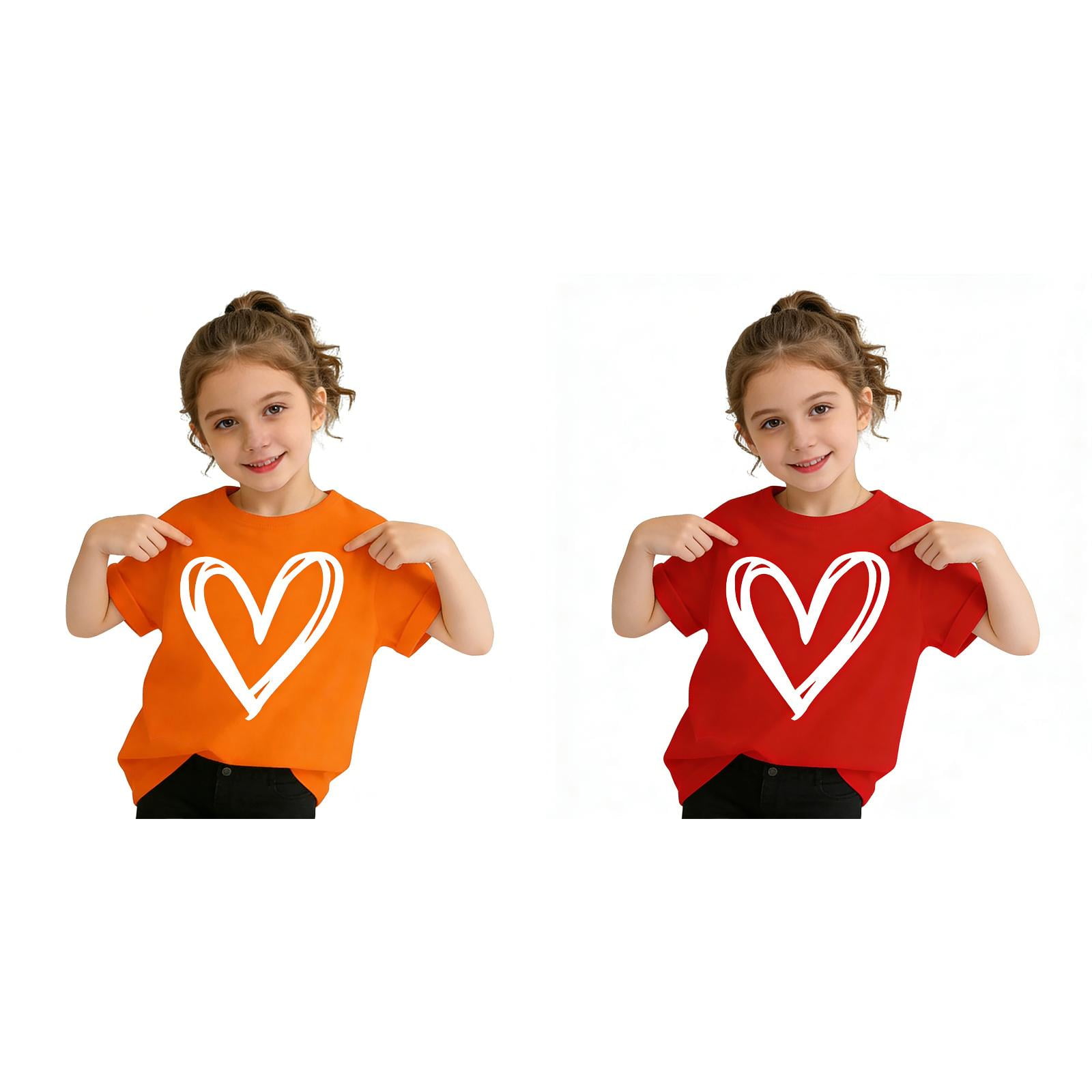 SGMVNU 2 Pack Girl s T Shirts Fashion Summer Short Sleeve Heart Print Graphic Tees Casual Loose Fit Basic Top Size 3-4 Years Red & Orange