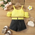 thumbnail image 2 of PatPat Toddler Girl Clothes 2pcs Cold Shoulder Plaid Camisole and Trendy Ripped Denim Shorts Set, Yellow, 2T, 2 of 6