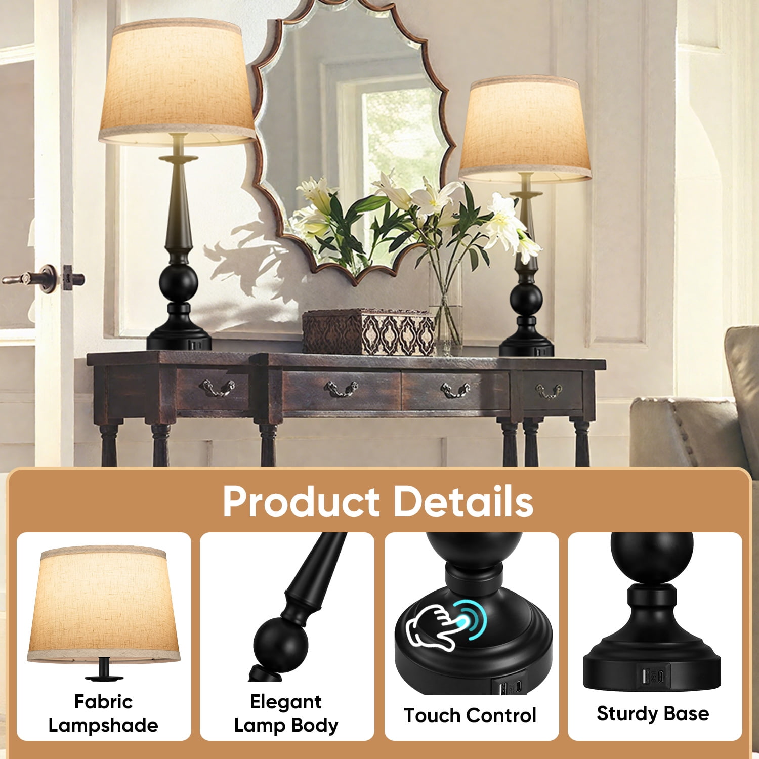 Walchoice Table Lamp Set of 2, Farmhouse Traditional Bedside Lamps with 2 USB Charging Ports, Dimmable Touch Nightstand Lamps for Bedroom Living Room, Rustic Metal Base & Fabric Linen Shade