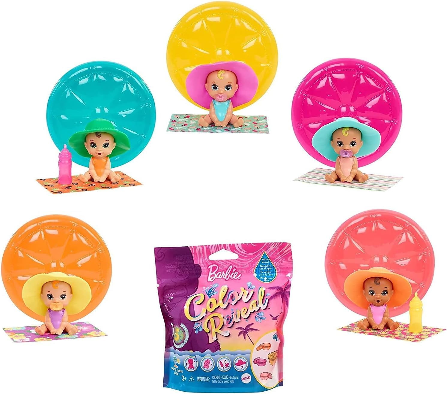 Barbie Color Reveal Baby Doll Sand & Sun Series (Bundle of 3) | 5 Surprise Reveals per Doll, Floatable Fruit Case & Accessories, Ages 3–9