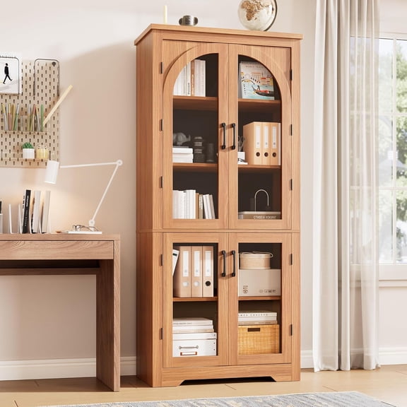 Studyset 70" Kitchen Pantry Storage Cabinet, Display Pantry Storage with 4 Arched Glass Doors and Adjustable Shelves, Versatile Cupboard Organizers for Kitchen, Dining Room