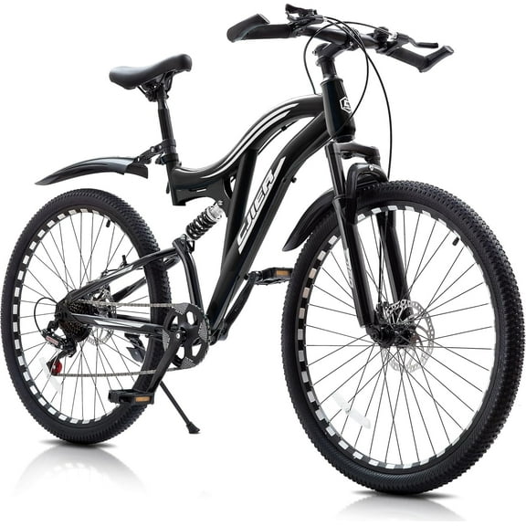 24 Inch Mountain Bike for Adults, Cuoote Full Suspension Mens MTB Bicycle with Dual Disc Brake, 7-Speed High-Carbon Steel Frame